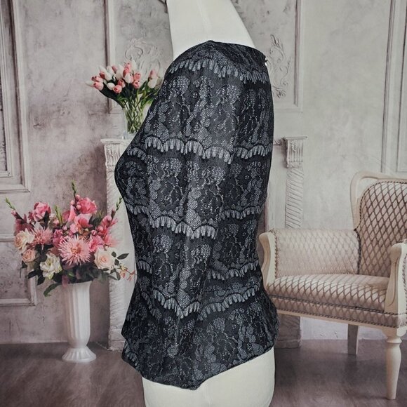Ann Taylor Petite Black Floral Lace Back Zipper 3/4 Sleeve Peplum Blouse Sze XSP - Picture 4 of 7